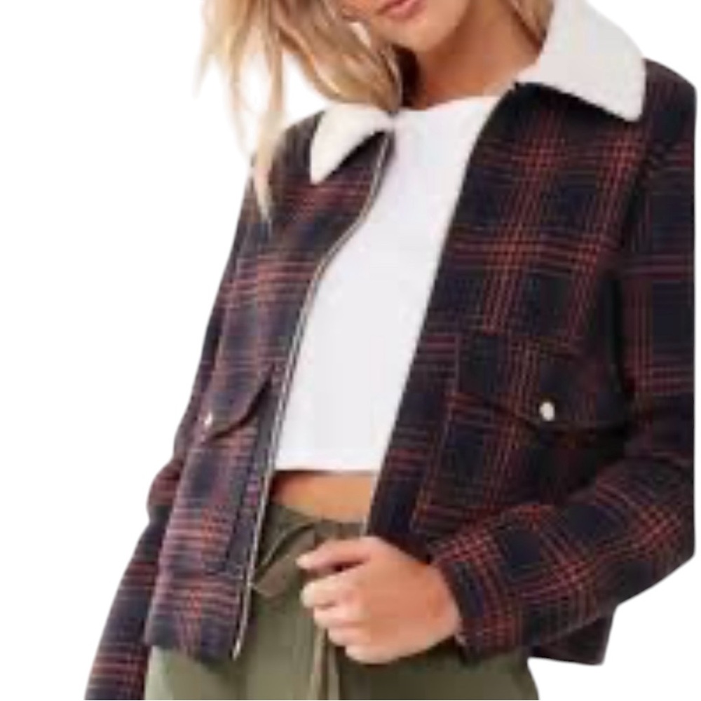 Y2K Plaid Zip Up Women's Wool Cropped Bomber Jacket, Sherpa Collar Sz S